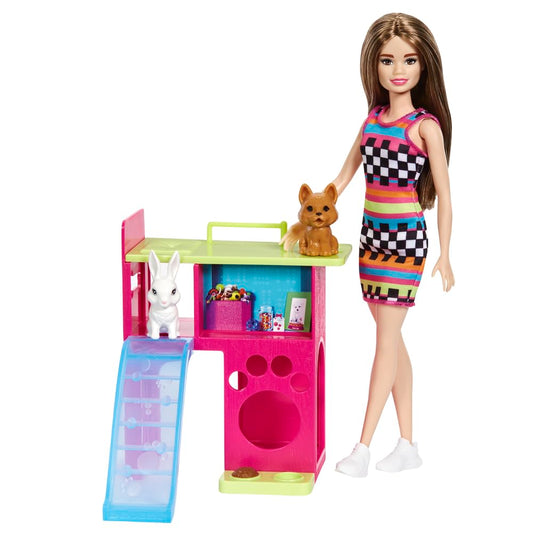 Barbie Playset with Pet Playhouse, Brunette Doll, Puppy and Bunny Pets