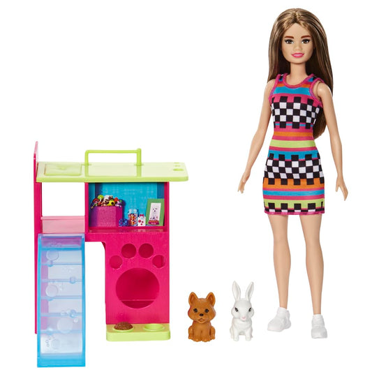 Barbie Playset with Pet Playhouse, Brunette Doll, Puppy and Bunny Pets