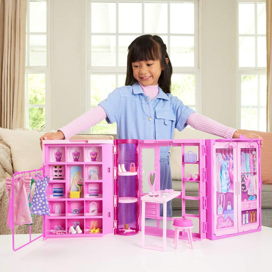 Barbie Dream Closet Toy Playset with Blonde Fashion Doll, Clothes & Accessories, 3-ft-Wide with 25+ Pieces, 3 Complete Looks