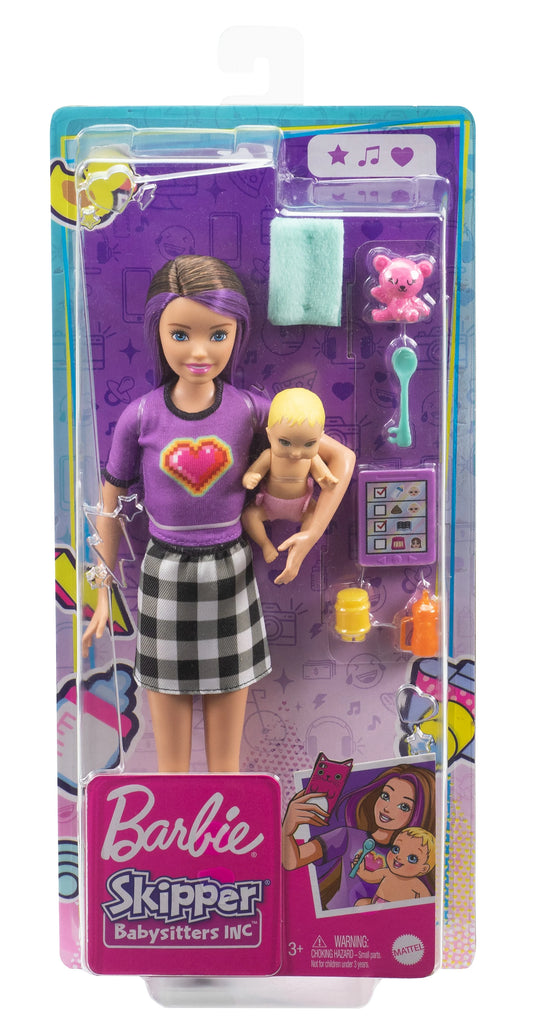 Barbie Skipper Babysitters Doll & Accessories Set with 9 Inch Brunette Skipper Doll, Baby Doll
