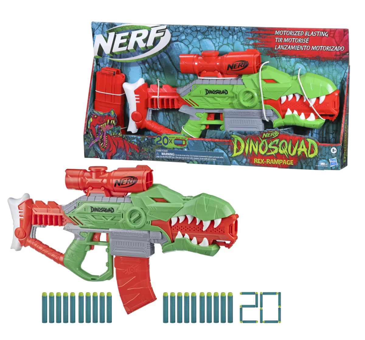 Nerf DinoSquad Rex-Ramp, Motorized Dart Blaster, 10-Dart Clip, 20 Official Nerf Darts, 10-Dart StorAge, T-Rex Dinosaur Design