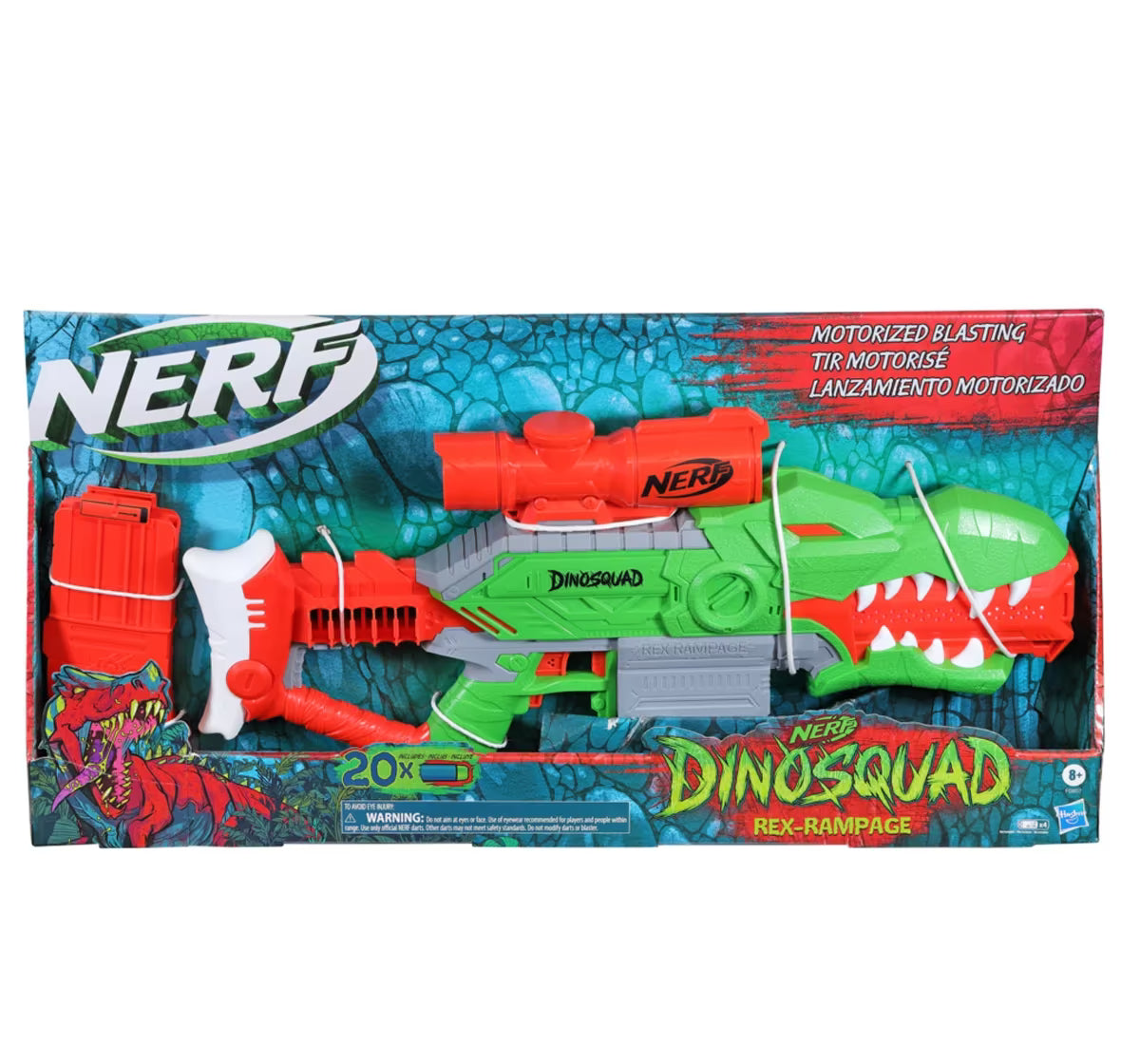 Nerf DinoSquad Rex-Ramp, Motorized Dart Blaster, 10-Dart Clip, 20 Official Nerf Darts, 10-Dart StorAge, T-Rex Dinosaur Design