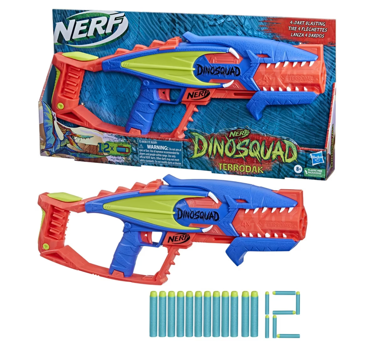 Nerf DinoSquad Terrodak, 4 Dart Blasting, Dart StorAge, 12 Nerf Elite Darts, Dinosaur Design