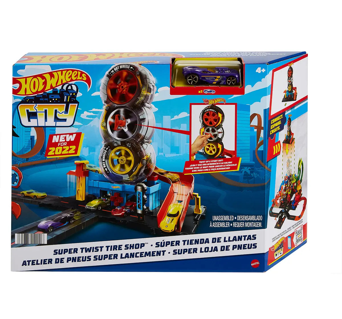 Hot Wheels City Super Twist Tire Shop with 1:64 single Car HDP02