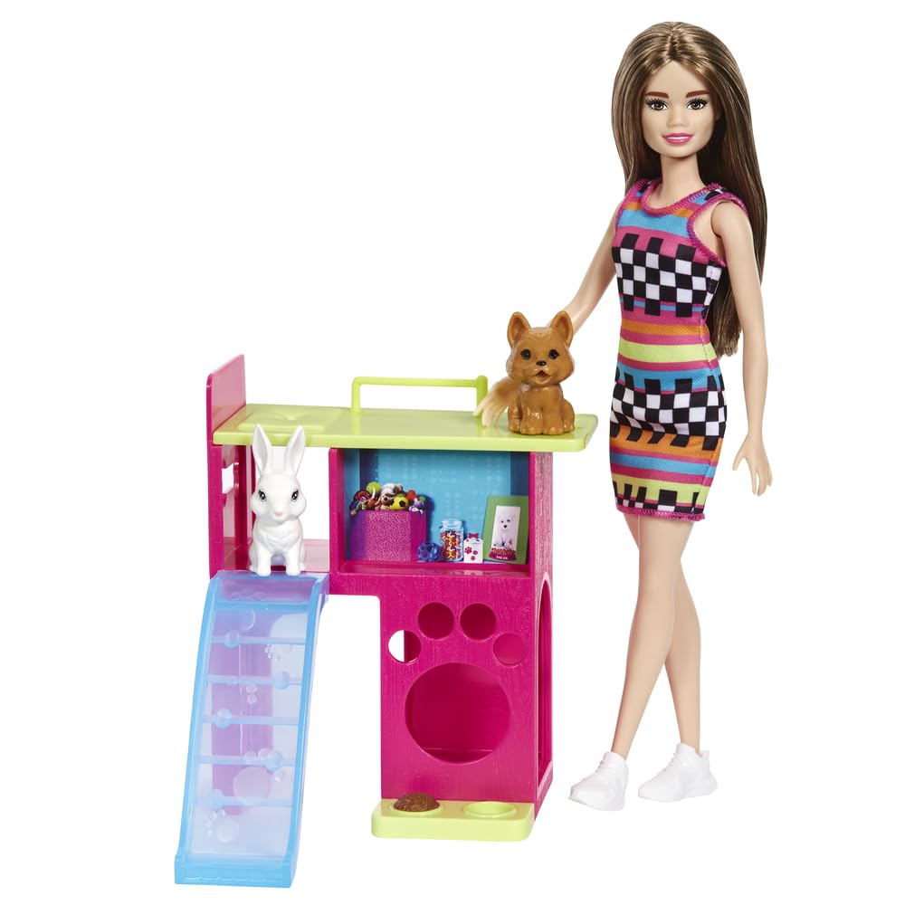 Barbie Playset with Pet Playhouse, Brunette Doll, Puppy and Bunny Pets