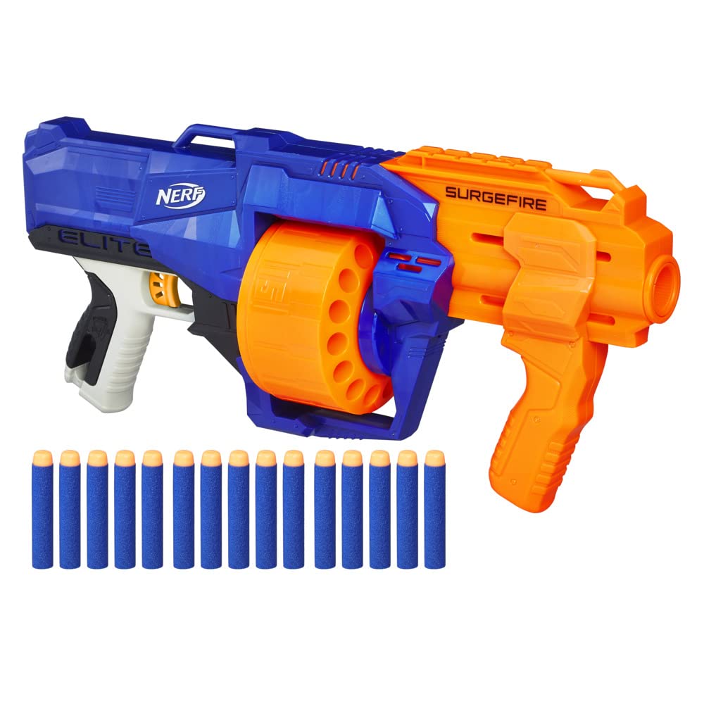 Nerf Surgefire Elite Blaster 15-Dart Rotating Drum, Slam Fire, Includes 15 Official Elite Darts