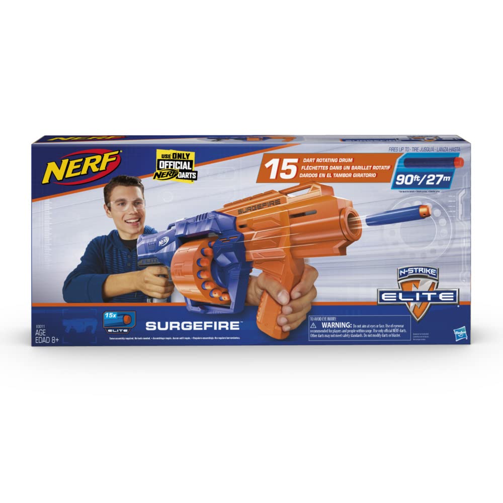 Nerf Surgefire Elite Blaster 15-Dart Rotating Drum, Slam Fire, Includes 15 Official Elite Darts