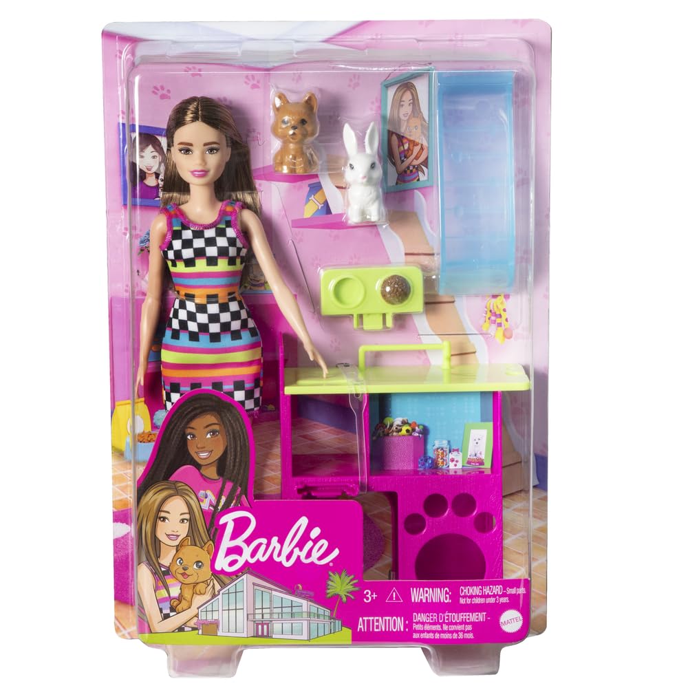 Barbie Playset with Pet Playhouse, Brunette Doll, Puppy and Bunny Pets