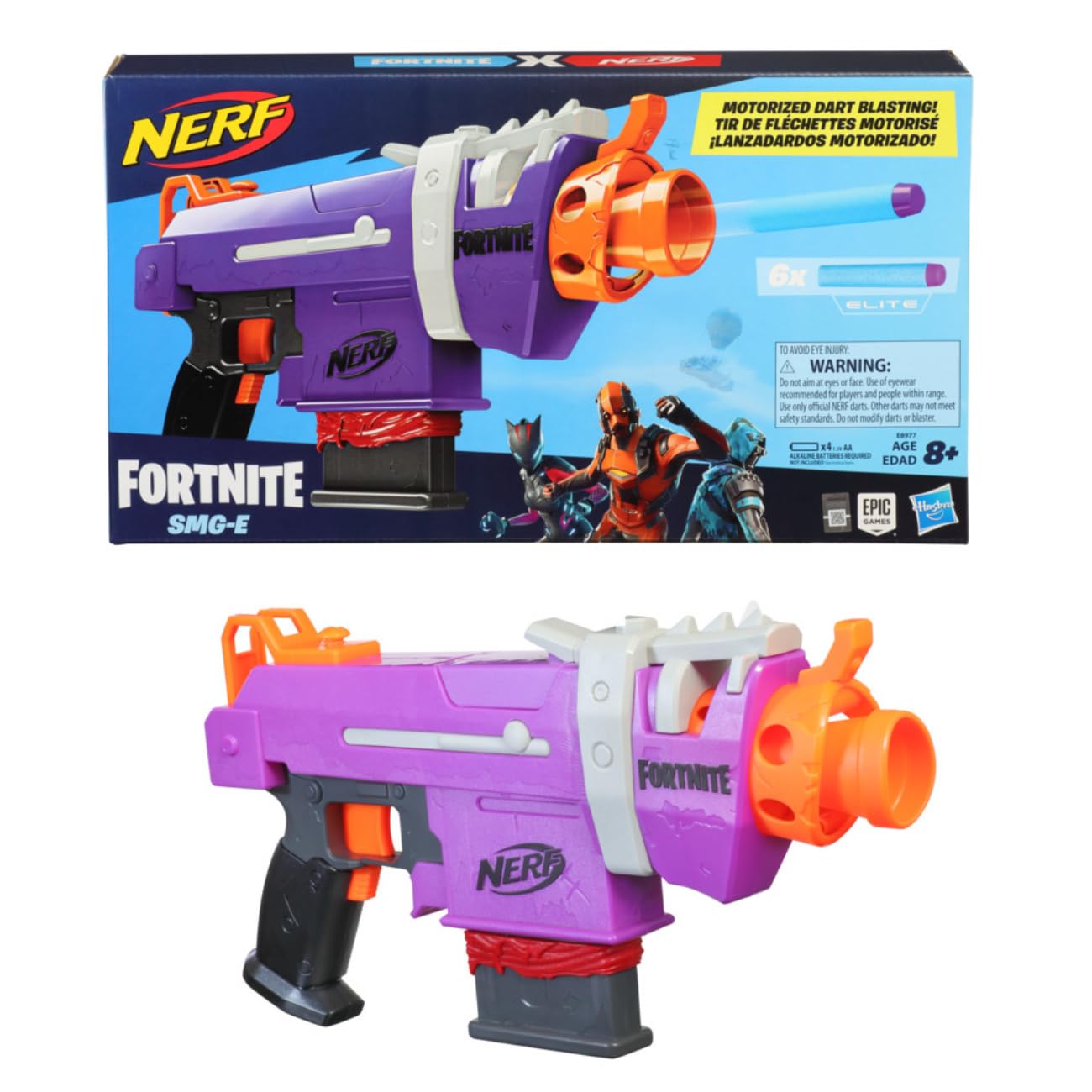 Nerf Fortnite SMG E Blaster Motorized Dart Blasting 6 Dart Clip, 6 Official Nerf Elite Darts