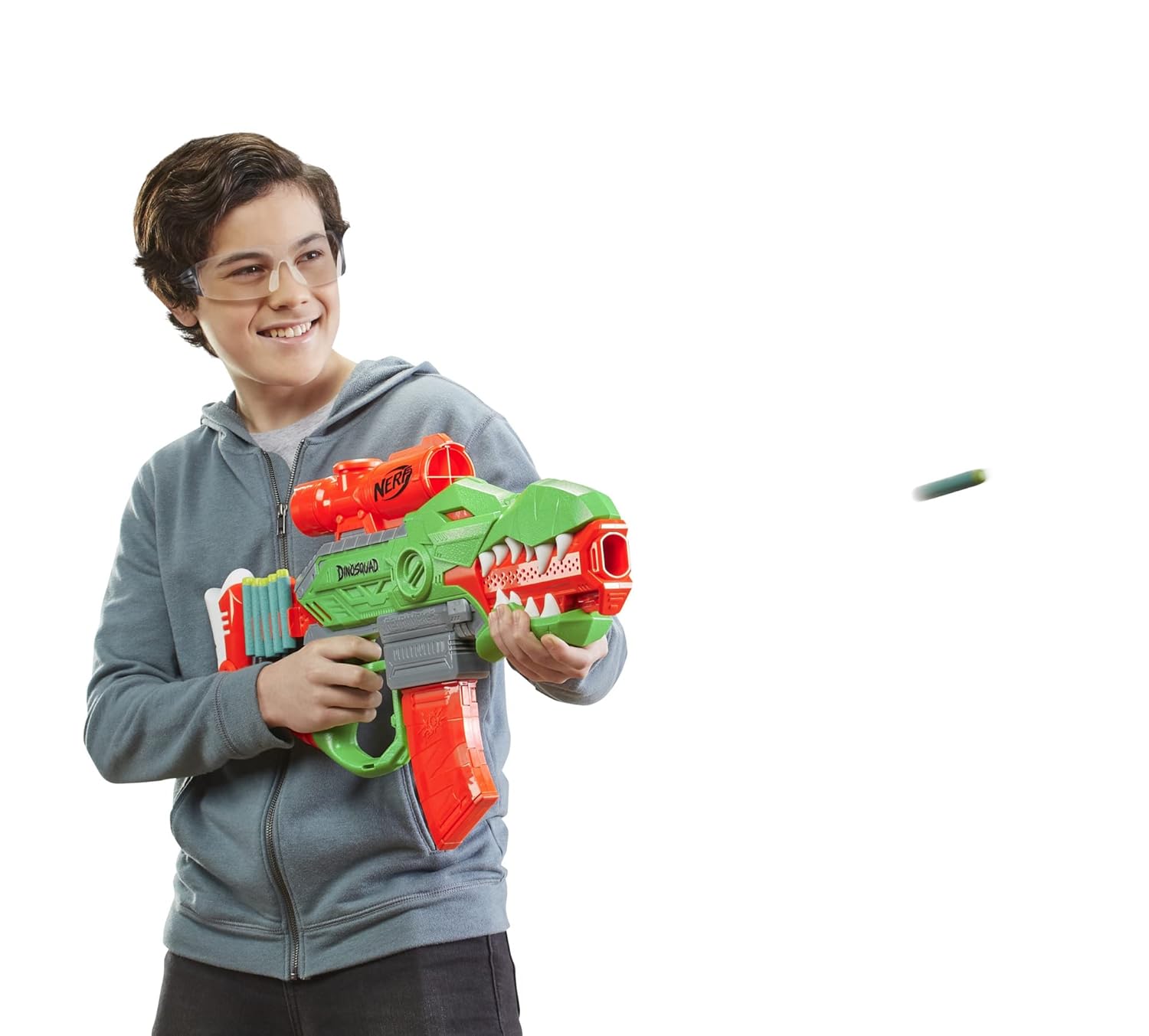 Nerf DinoSquad Rex-Ramp, Motorized Dart Blaster, 10-Dart Clip, 20 Official Nerf Darts, 10-Dart StorAge, T-Rex Dinosaur Design