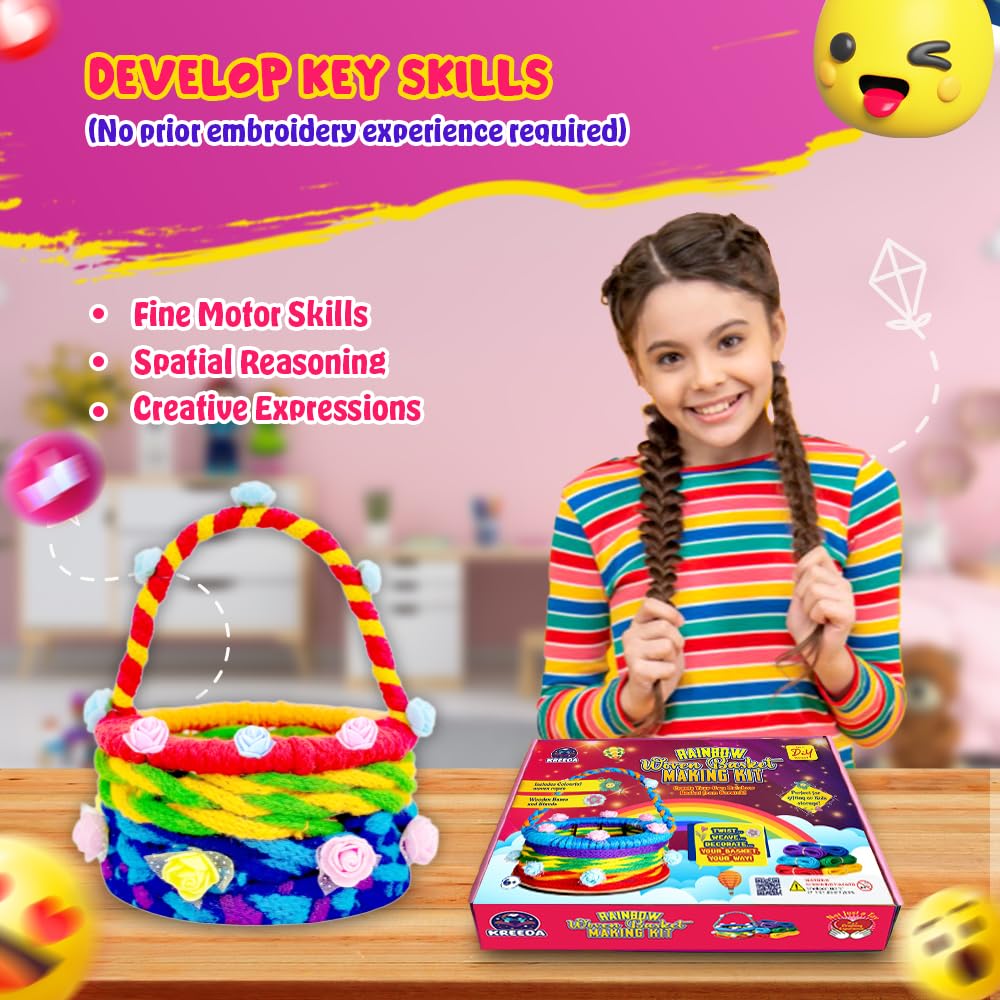 KREEDA DIY Rainbow Woven Basket Making Kit, Circular DIY Wooden Basket Frames RK16