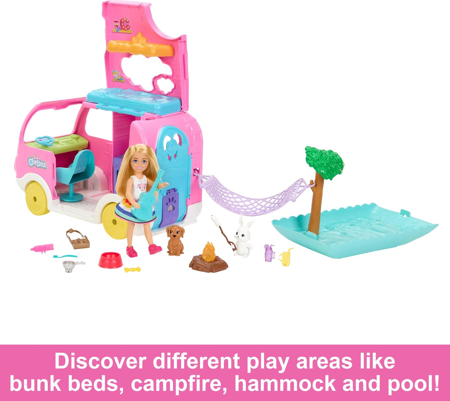 Barbie Camper, Chelsea 2-in-1 Playset with Small Doll, 2 Pets & 15 Accessories, Vehicle Transforms into Camp Site