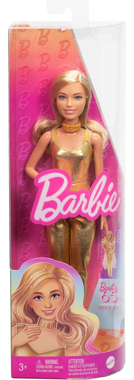 Barbie Fashionistas Doll with Blonde Wavy Hair, Golden Jumpsuit & Accessories, 65th Anniversary Collectible Fashion Doll