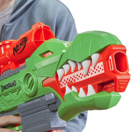 Nerf DinoSquad Rex-Ramp, Motorized Dart Blaster, 10-Dart Clip, 20 Official Nerf Darts, 10-Dart StorAge, T-Rex Dinosaur Design