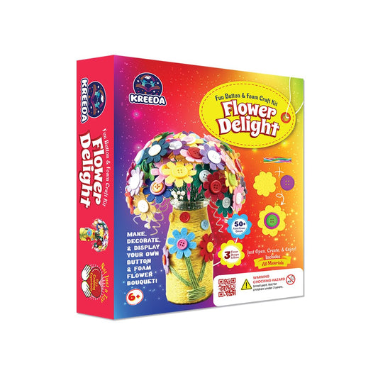 Kreeda Flower Delight – DIY Foam Art Craft Kit, Create 3D Flowers Bouquet with 50+ foam flowers, colourful glass bottle vase & buttons