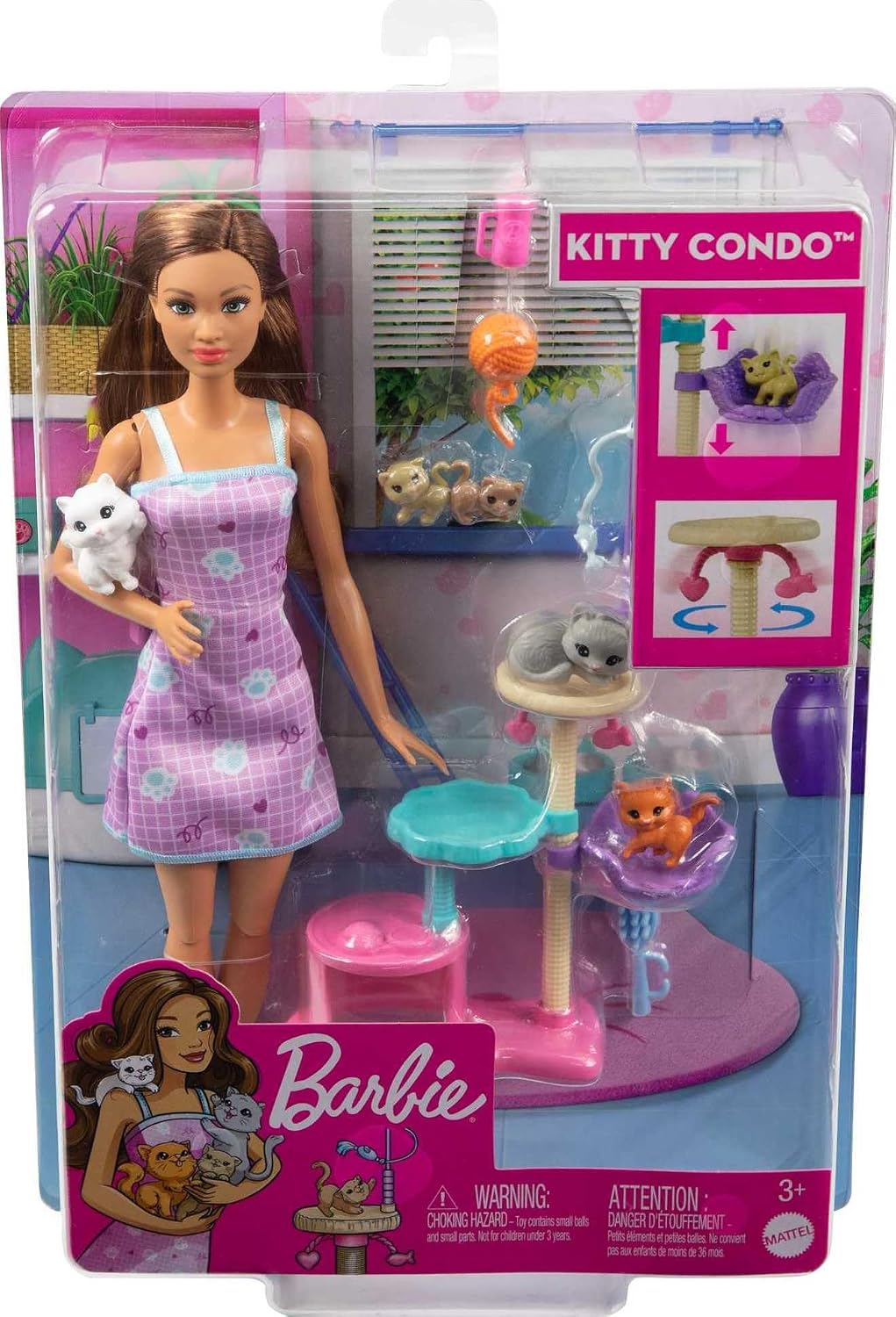 Barbie Kitty Condo Doll and Pets Playset Doll (Brunette), 1 Cat, 4 Kittens, Cat Tree & Accessories