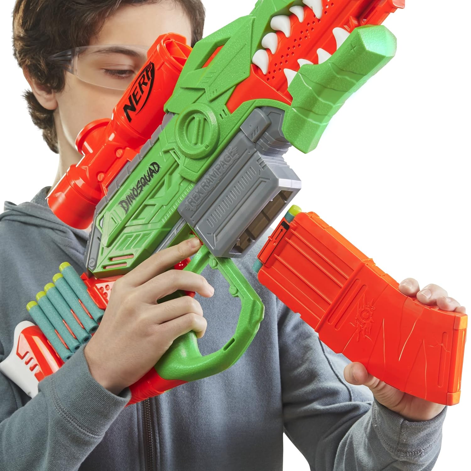 Nerf DinoSquad Rex-Ramp, Motorized Dart Blaster, 10-Dart Clip, 20 Official Nerf Darts, 10-Dart StorAge, T-Rex Dinosaur Design