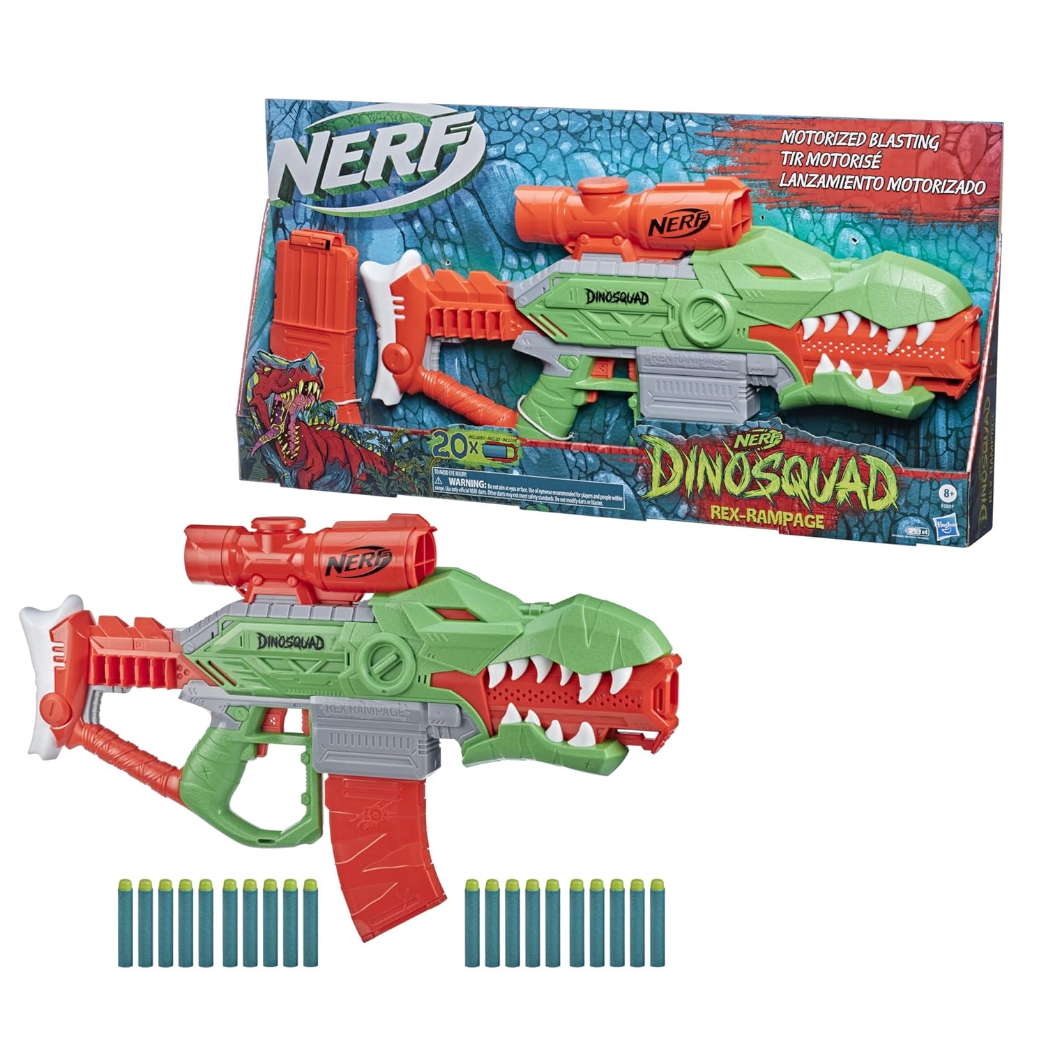 Nerf DinoSquad Rex-Ramp, Motorized Dart Blaster, 10-Dart Clip, 20 Official Nerf Darts, 10-Dart StorAge, T-Rex Dinosaur Design
