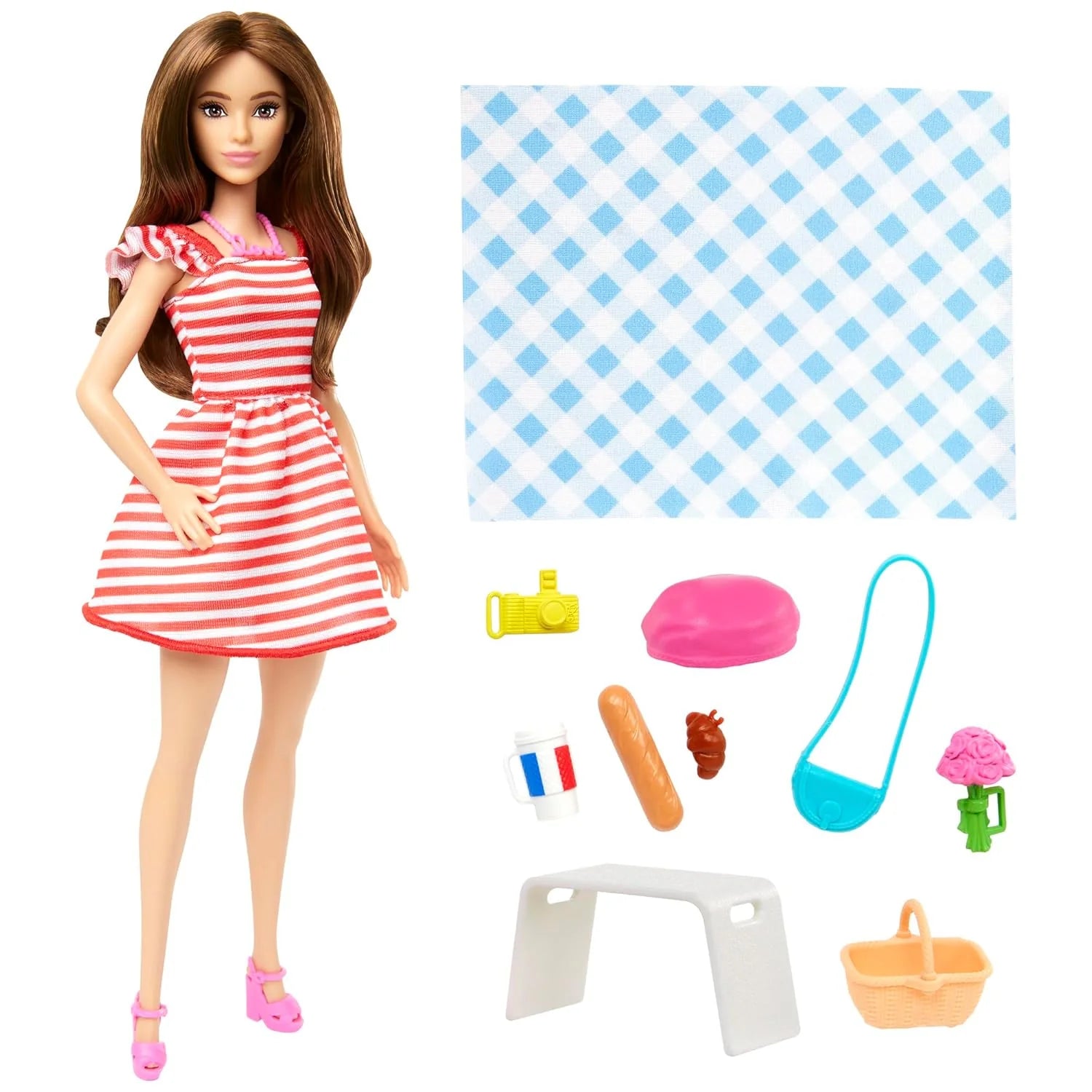 Barbie Pink Passport Paris Doll Set With Clothes & Picnic Accessories
