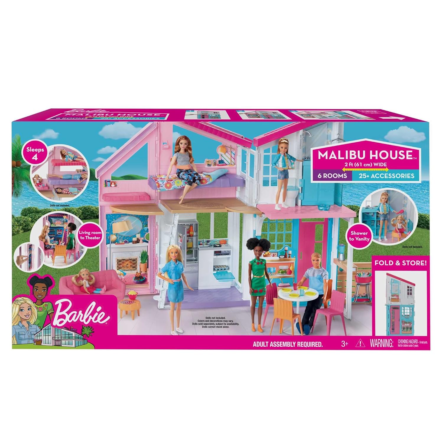 Barbie Malibu House 2-Story, 6-Room Dollhouse with Transformation Features