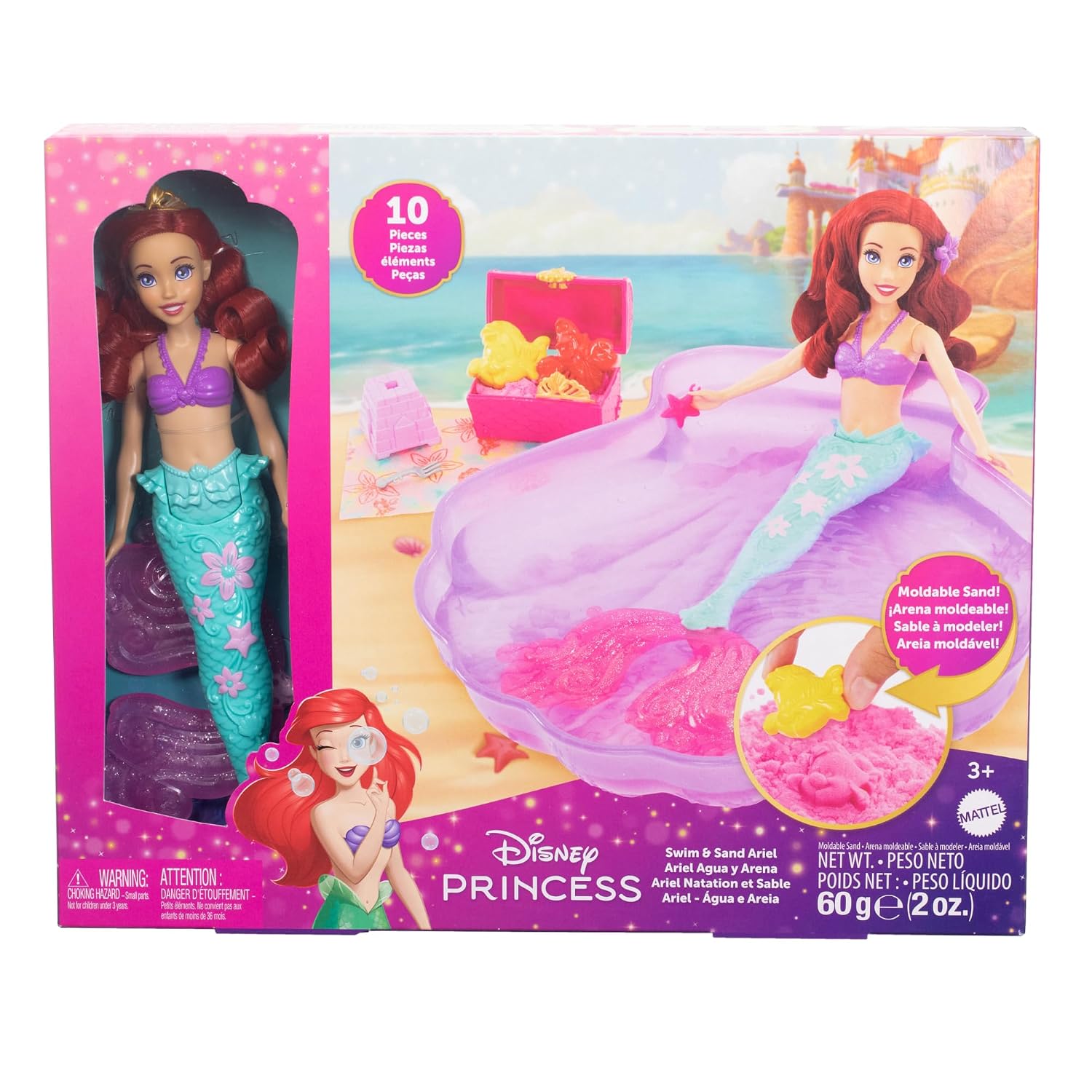 Mattel Disney Princess Ariel Mermaid Doll Playset & Pool Set with Moldable Sand, 3 Sand Molds, Beach Towel & 5 Accessories