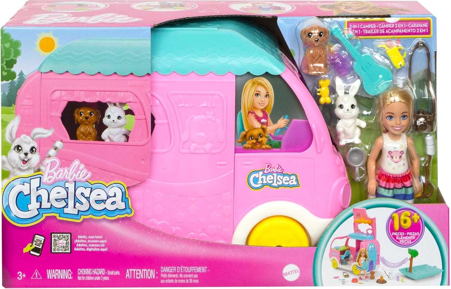 Barbie Camper, Chelsea 2-in-1 Playset with Small Doll, 2 Pets & 15 Accessories, Vehicle Transforms into Camp Site