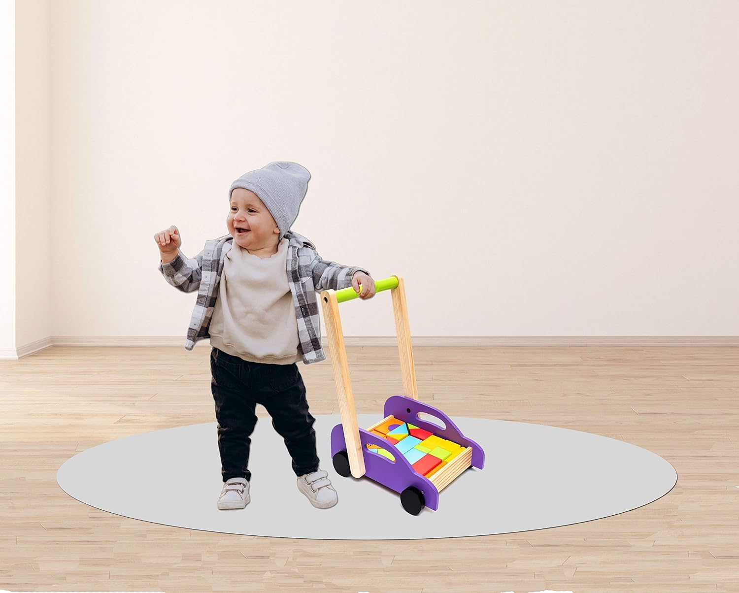 HILIFE Roll & Run Puzzle Cart Wooden Walker with Wooden Blocks