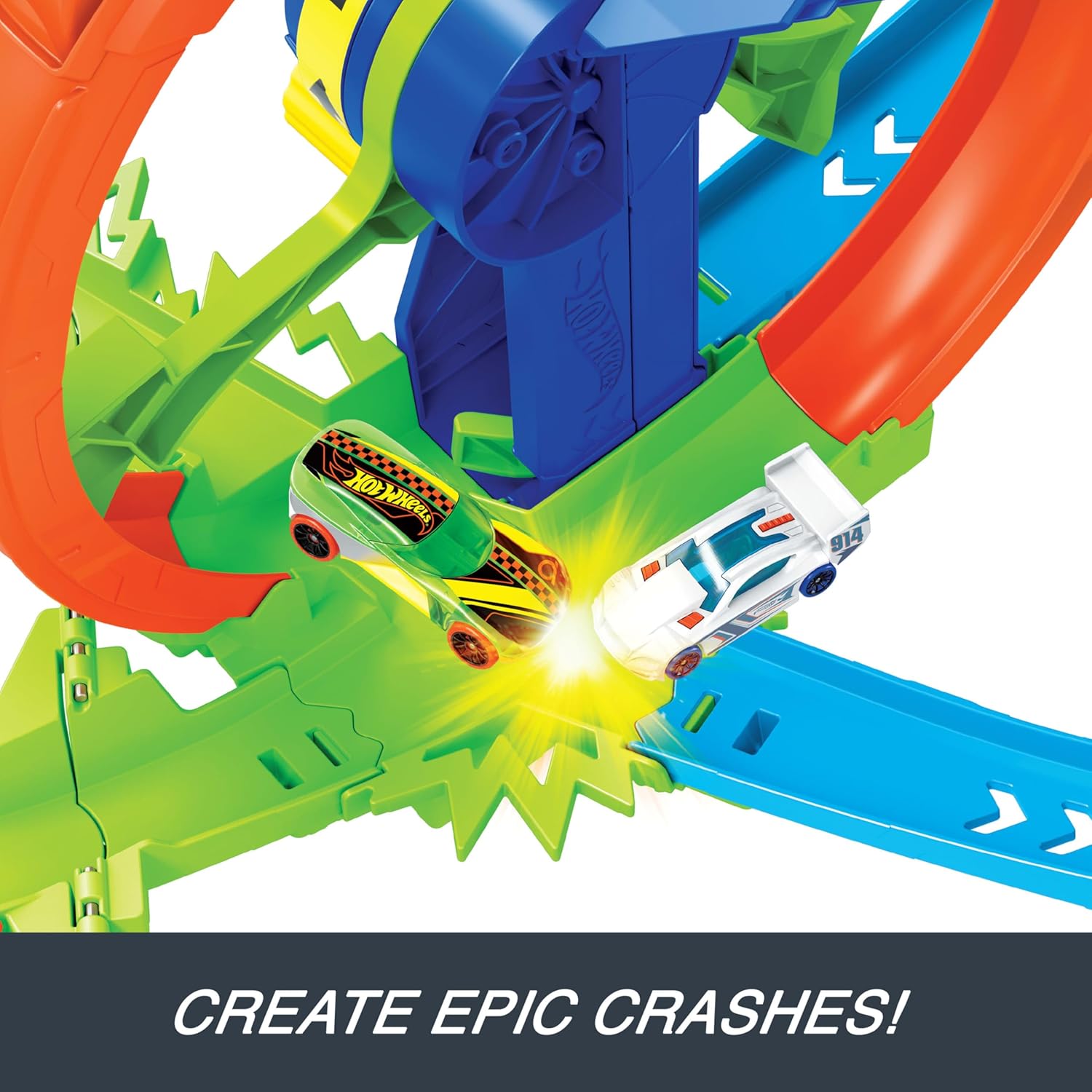 Hot Wheels Toy Car Track Set, Launch and Loop Playset & 1:64 Scale Die-Cast Vehicle, Crash Area on Figure 8 Track with Loop-Kicker Booster