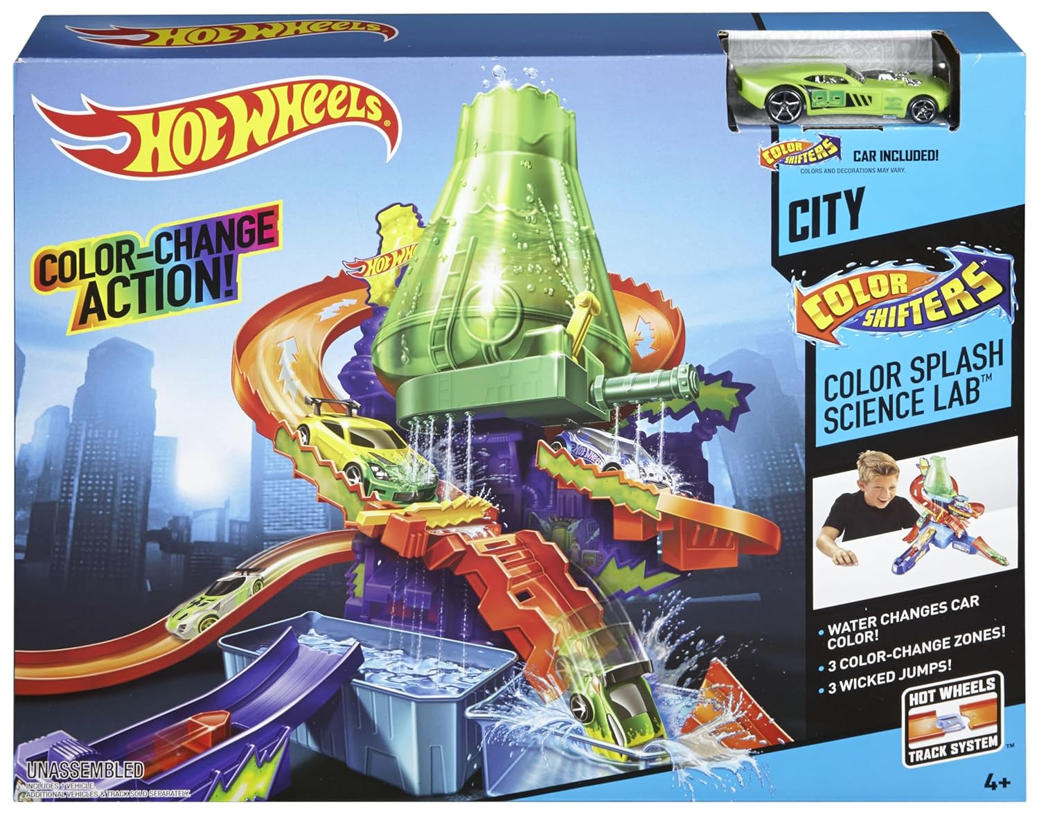 Hot Wheels Metal Shifters Color Splash Science Lab with 1:64 single Color Shifter Car CCP76
