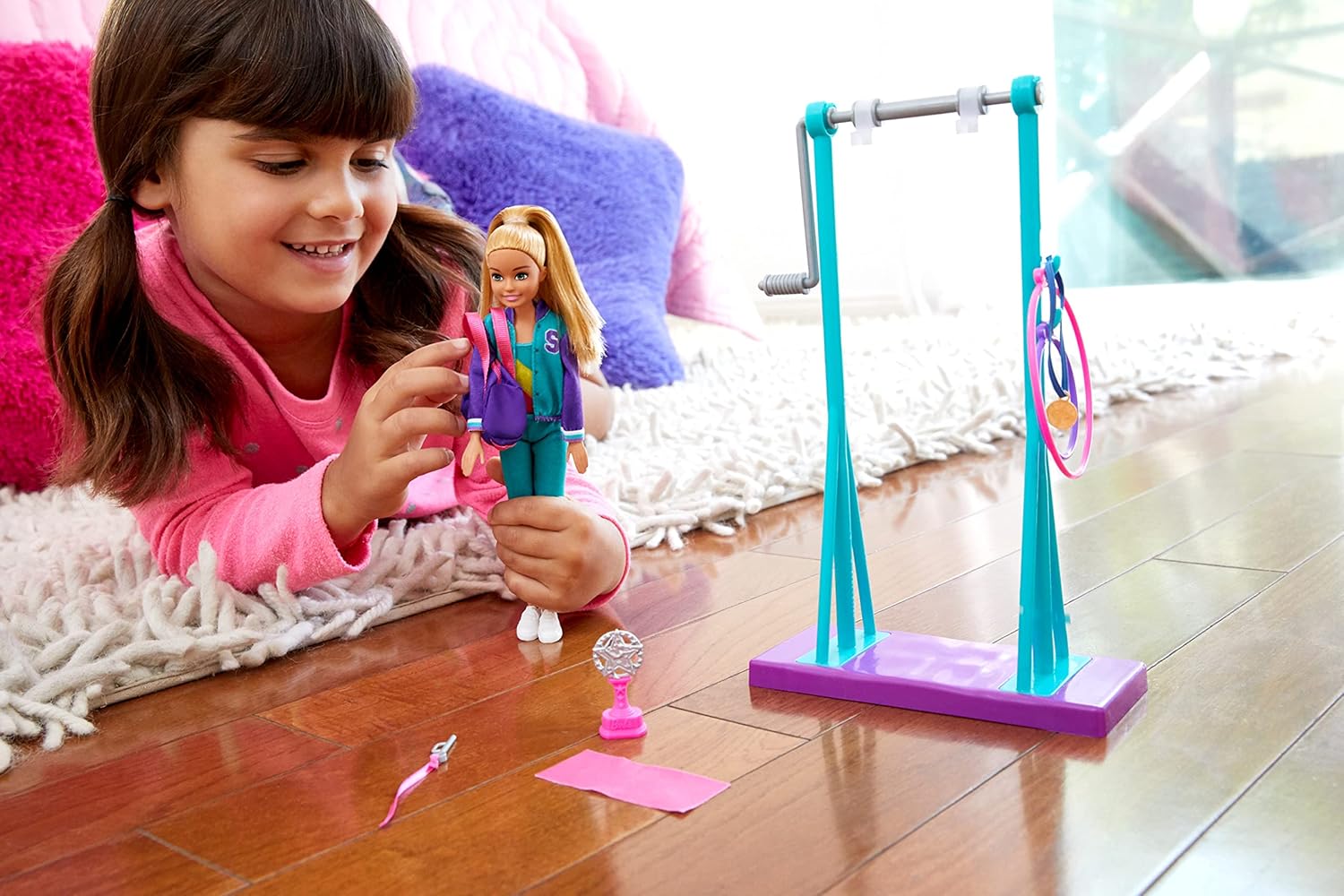 Barbie Team Stacie Doll and Gymnastics Playset with Spinning Bar and 7 Themed Accessories