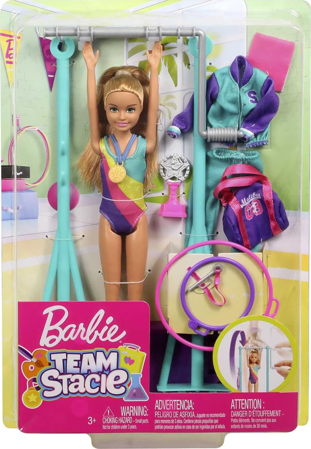 Barbie Team Stacie Doll and Gymnastics Playset with Spinning Bar and 7 Themed Accessories
