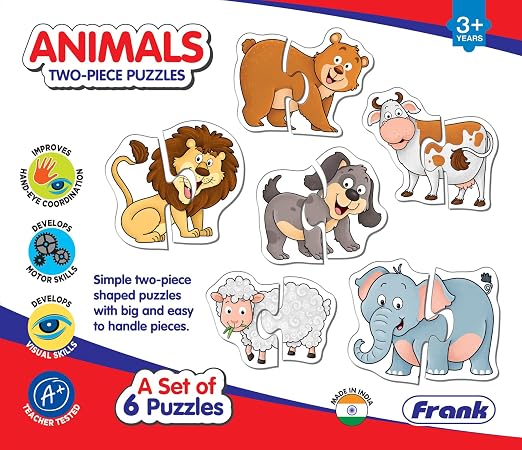 Frank Animals Puzzles - A Set of 6 Two-Piece Shaped Jigsaw Puzzle for Kids