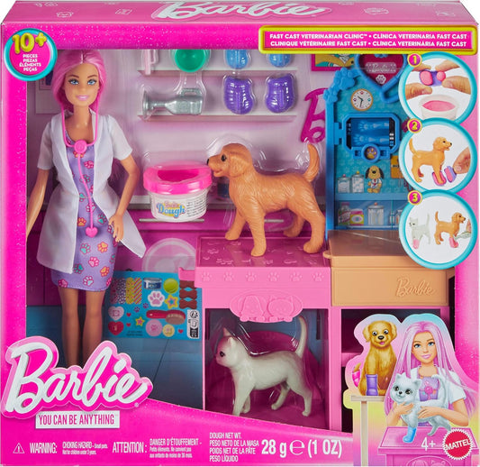 Barbie Fast Cast Veterinarian Clinic Playset with Pink Colored Hair Fashion Doll, Vet Furniture & 10+ Accessories Including Molds & Dough for Bandages