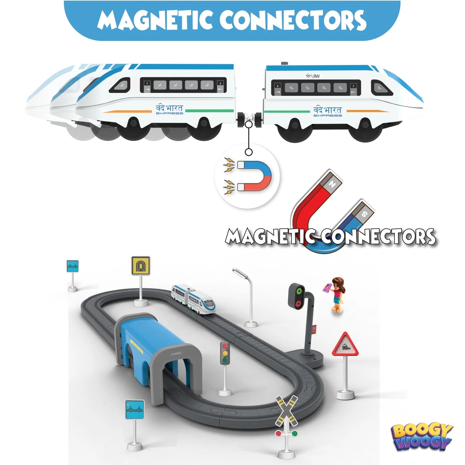 BOOGYWOOGY BHARAT Express, TYPE-C Rechargeable Engine, Train Set with Magnetic Tracks-49 Pcs