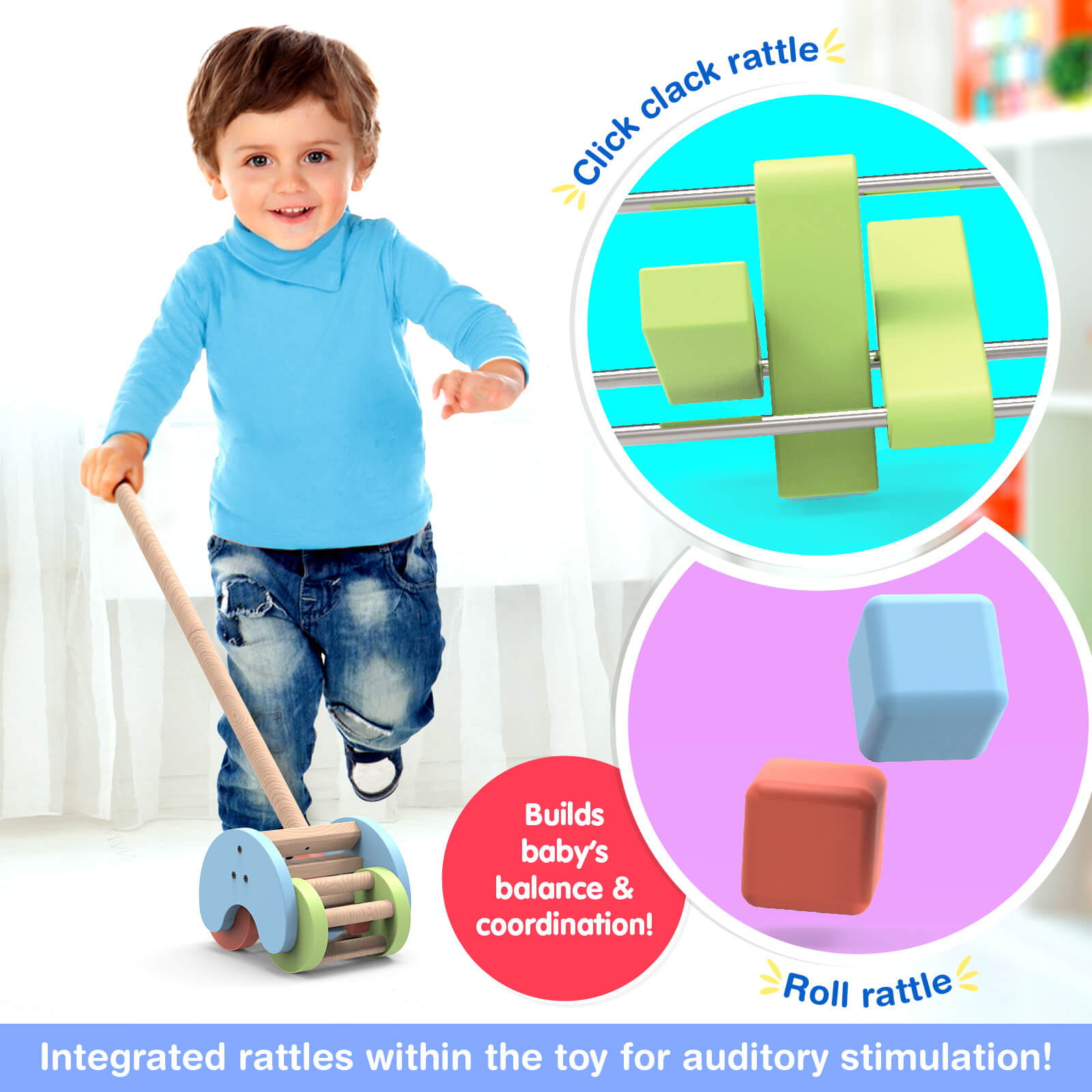 Giggles Rattle Strider Wooden Push Along