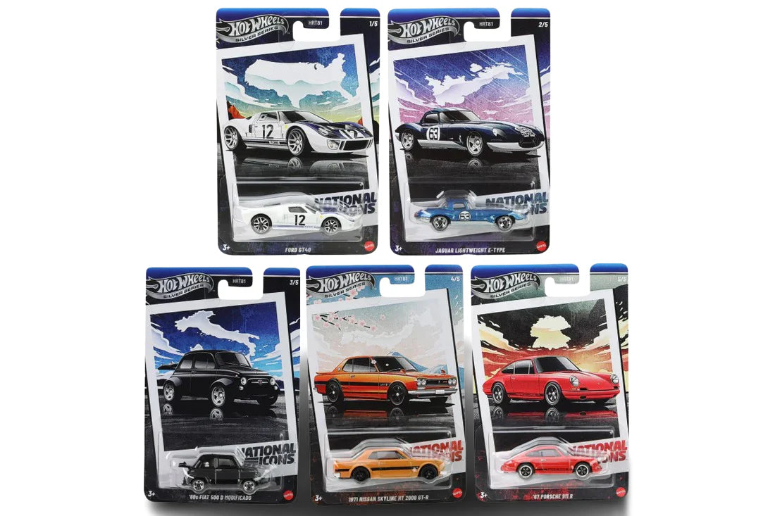 Hot Wheels 2025 National Icons Silver Series 1:64 Scale HRT81 - Set Of 5 Cars
