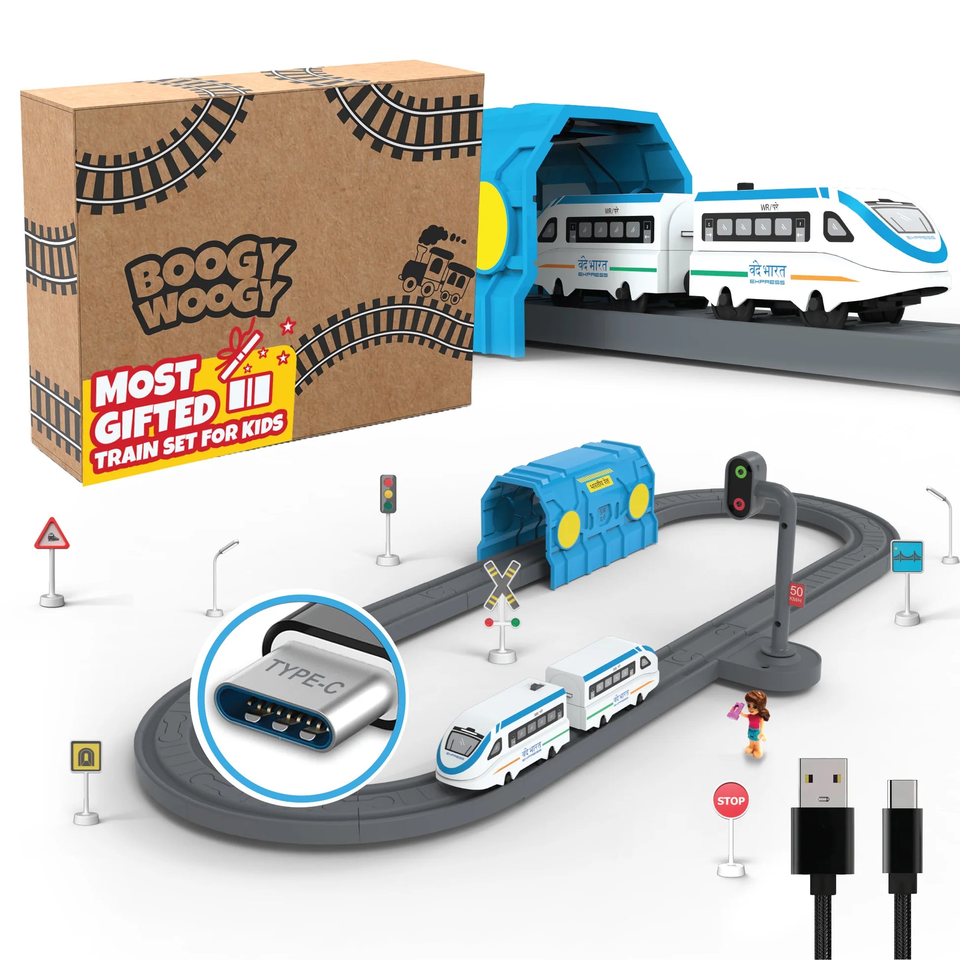 BOOGYWOOGY BHARAT Express, TYPE-C Rechargeable Engine, Train Set with Magnetic Tracks-49 Pcs
