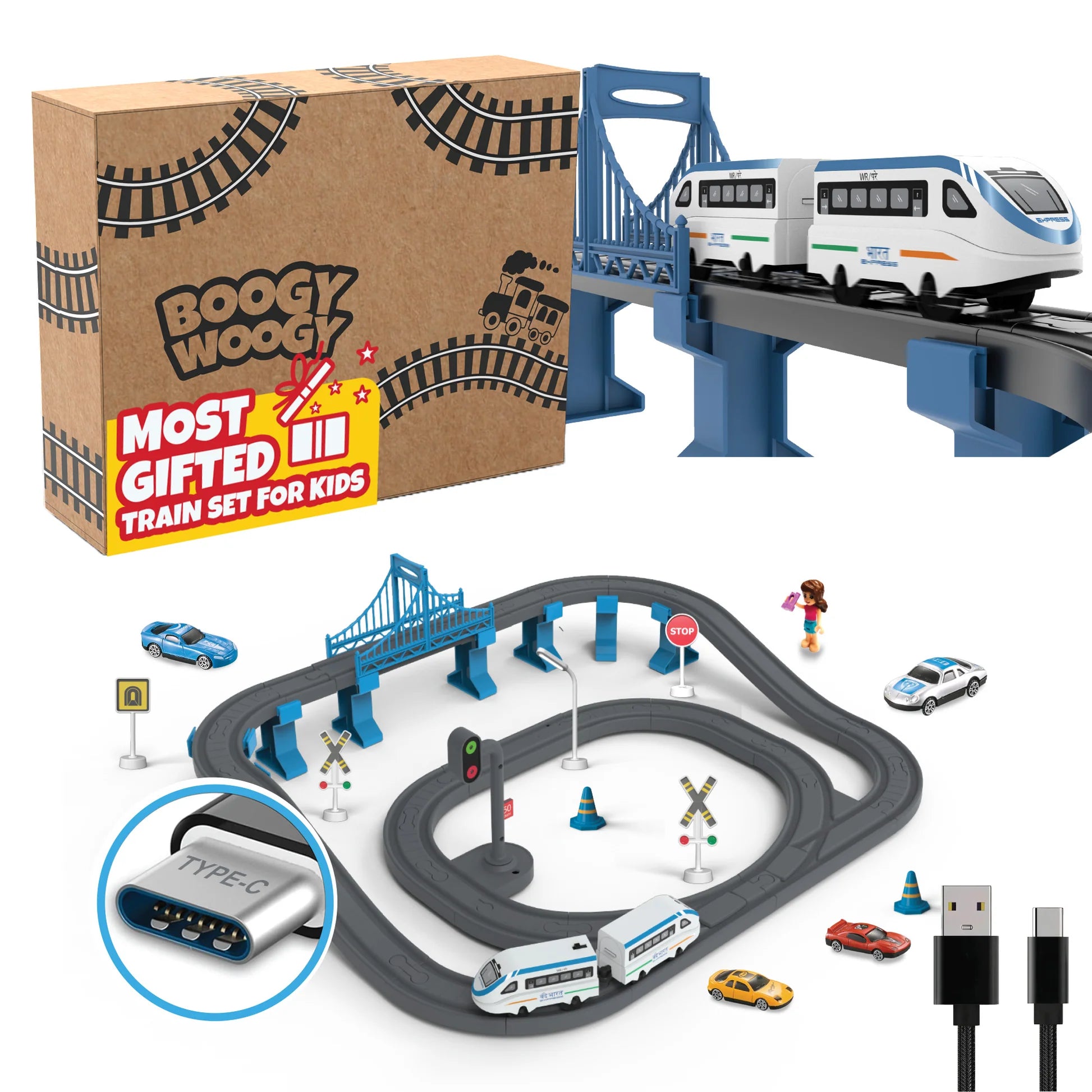 BOOGYWOOGY BHARAT Express, TYPE-C Rechargeable Engine, Train Set with Magnetic Tracks - 77 Pcs