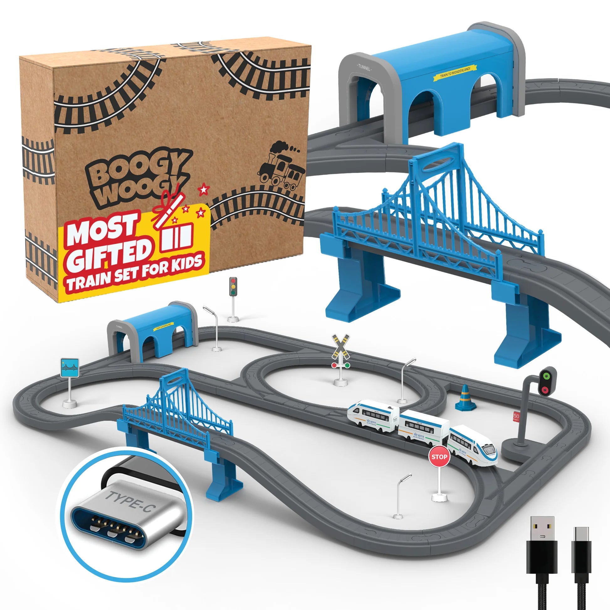 BOOGYWOOGY BHARAT Express, TYPE-C Rechargeable Engine Train Set with Magnetic Tracks - 91 Pcs