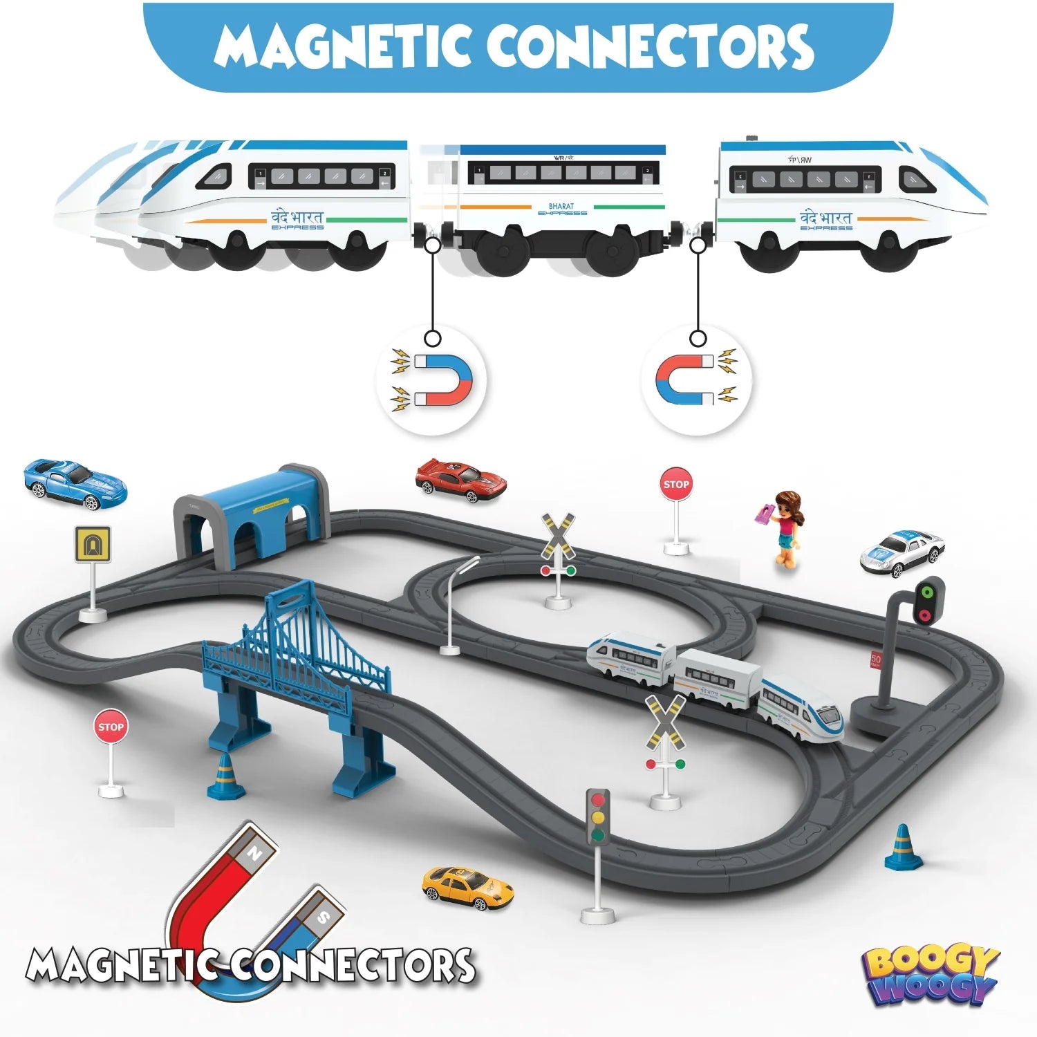 BOOGYWOOGY BHARAT Express, TYPE-C Rechargeable Engine Train Set with Magnetic Tracks - 91 Pcs