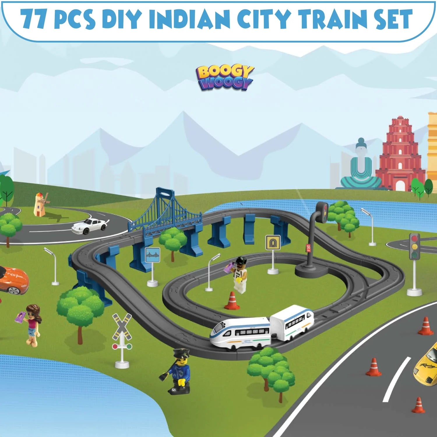 BOOGYWOOGY BHARAT Express, TYPE-C Rechargeable Engine, Train Set with Magnetic Tracks - 77 Pcs