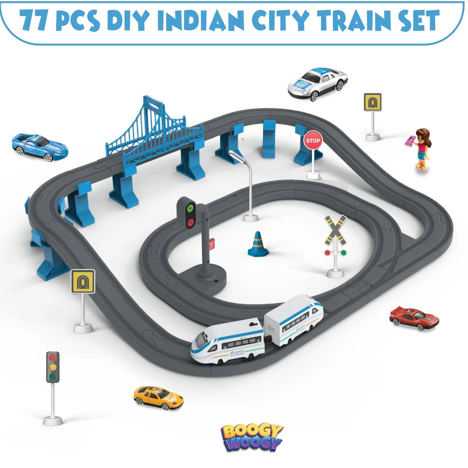 BOOGYWOOGY BHARAT Express, TYPE-C Rechargeable Engine, Train Set with Magnetic Tracks - 77 Pcs